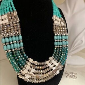 N128 Vintage Egyptian Revival Turquoise and Silver Beaded Bib Necklace